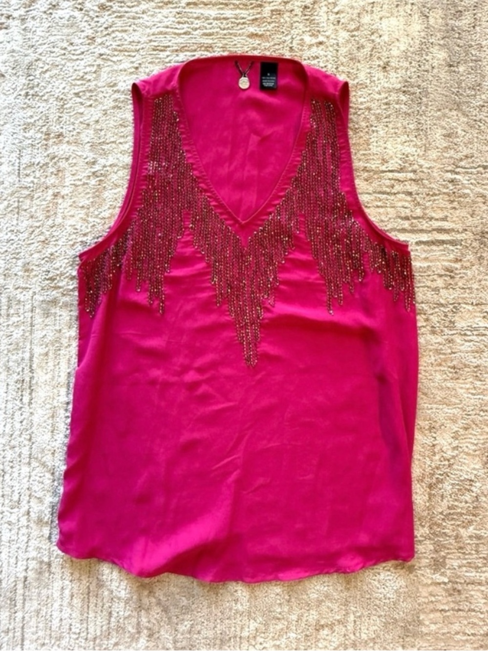 bebe Fuchsia Beaded V-Neck Sleeveless Camisole